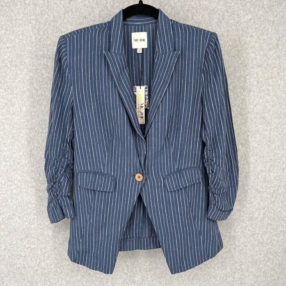 NIC+ZOE Womens Central Park Scrunch Sleeve Jacket Blazer Size 4 Blue Linen NEW